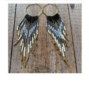 Hand crafted seed bead fringe earnings black, gray, gold Bohemian style